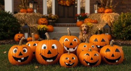 Obraz premium Painted Pumpkins with Funny Faces on a Cozy October Porch Setting