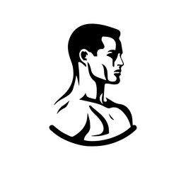 Stylized graphic depicts a man with strong features in black and white, perfect for fitness brands or masculine-themed logo designs.