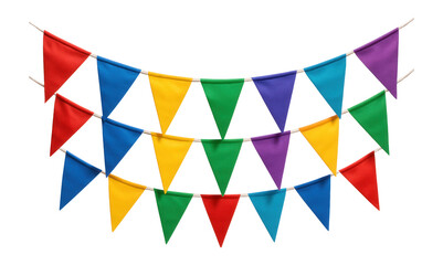 Multicolored triangular bunting flags arranged in a festive garland on transparent background.
