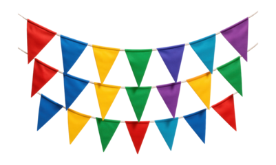 Multicolored triangular bunting flags arranged in a festive garland on transparent background.