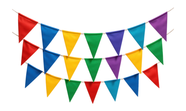 Multicolored triangular bunting flags arranged in a festive garland on transparent background.