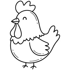 A charming black and white illustration of a cartoon chicken