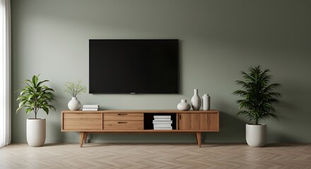Modern TV console with houseplants and minimalist decor