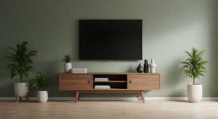 Modern TV console with houseplants and minimalist decor
