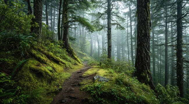 Misty forest trail winds through lush greenery