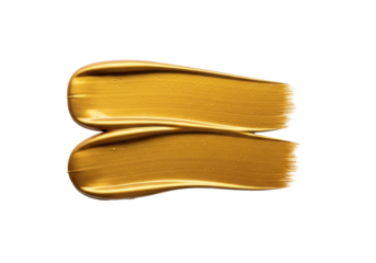 An abstract golden paint stroke with a lustrous metallic sheen and visible brush marks, formed by two overlapping horizontal strokes, isolated on a bright white studio background with copy space,