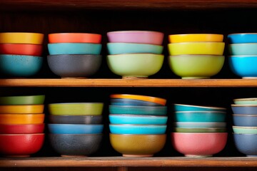 A shelf displays stacks of colorful bowls in varying sizes and hues.
