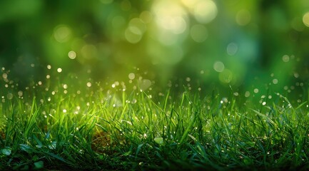 Dew-kissed grass in a sunlit forest