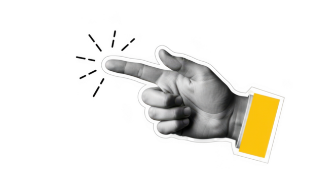 Pointing hand with yellow sleeve in grayscale isolated on transparent background