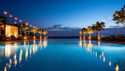 Obraz premium Swimming Pool at Night Reflecting Lights and Evening Sky