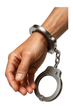 Close-up of a human hand secured in a metal handcuff with the other cuff open, suggesting arrest or restraint on transparent background.