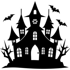 Spooky Haunted House with Bats Halloween Illustration in Silhouette Style silhouette
