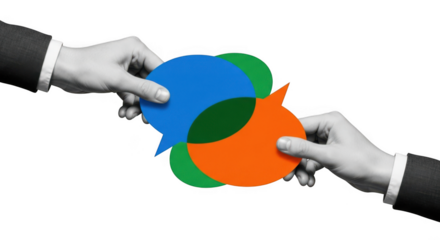 Hands holding colorful speech bubbles representing communication isolated on transparent background