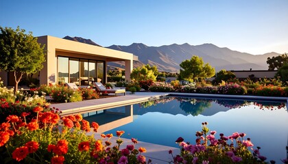 Fototapeta premium Swimming Pool at Modern House with Mountain View and Garden