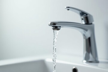 Close-up view of a modern chrome faucet with a stream of clean water flowing into a pristine white basin, showcasing sleek design and functionality.