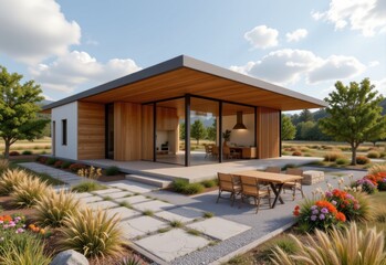 Fototapeta premium pavilion designed using drone mapping of site for precise placement and orientation modern technology allows better integration with landscape and solar path