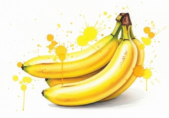 A watercolor painting of bananas with yellow splashes creates a vibrant image