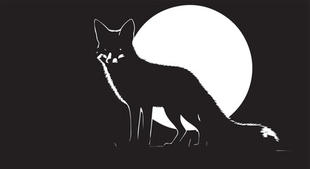 Fox under the moonlight in silhouette image white backgrpound.