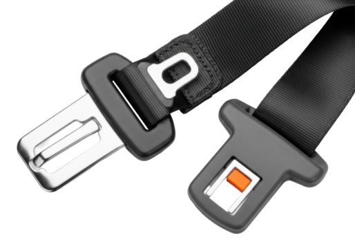 Unbuckled car seat belt with black textured webbing, reflective silver latch plate, dark grey buckle receiver, and vibrant orange release button, on a transparent isolated background with no