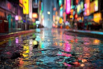 Obraz premium Night city street drenched in rain, vibrant neon lights reflecting on wet pavement