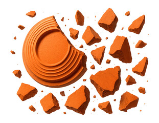 A shattered clay pigeon target with multiple fragments scattered around on transparent background.