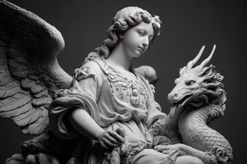 A monochrome image shows a statue of a winged woman or angel alongside a griffin-like creature.

