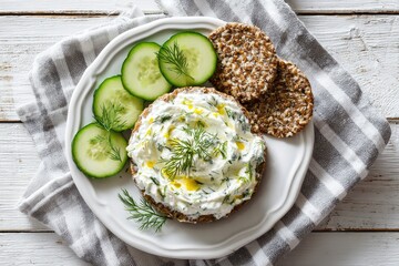 Creamy dill dip on crisp crackers with cucumber slices