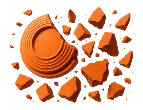 A shattered clay pigeon target with multiple fragments scattered around on transparent background.