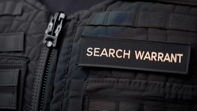 SEARCH WARRANT is displayed on a patch attached to a tactical vest in close-up view.
