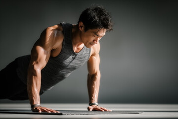 Obraz premium A fit Asian man doing a plank pose on a yoga mat in a minimal indoor studio, gray background, modern sportswear, side view, soft natural lighting