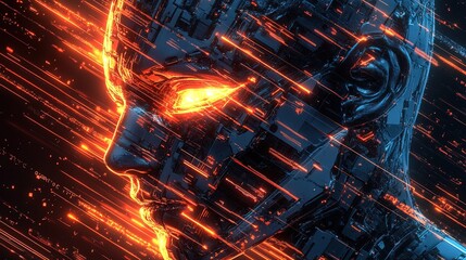 Futuristic Robotic Head Close Up with Digital Lines Concept Illustration