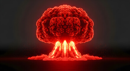 A terrifying display of destructive power, a fiery red mushroom cloud from a nuclear explosion against a dark background
