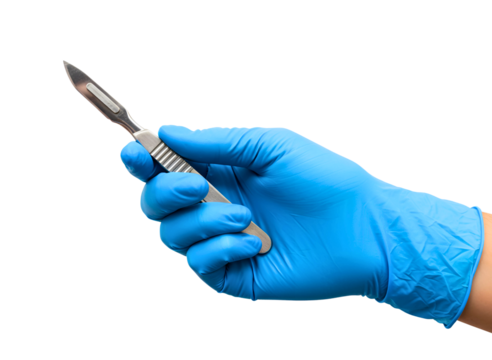 Surgeon s hand in blue glove holding scalpel isolated on transparent background
