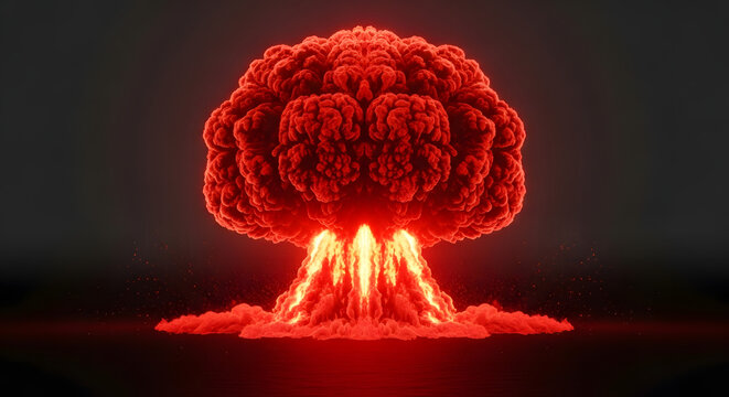 A terrifying display of destructive power, a fiery red mushroom cloud from a nuclear explosion against a dark background
