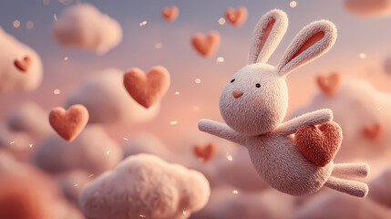 A charming bunny floats in a dreamy sky filled with heart-shaped clouds, expressing love.
