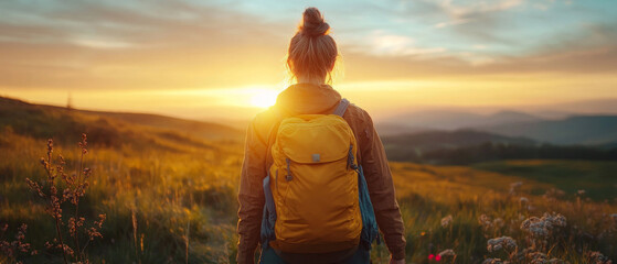 Silhouette of a man with a backpack against the background of sunset in a field, creating a sense of travel and freedom. Travel blogs, articles about traveling, advertising of travel equipment.