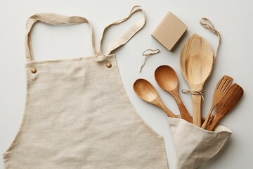 Linen apron and wooden kitchen utensils on neutral surface