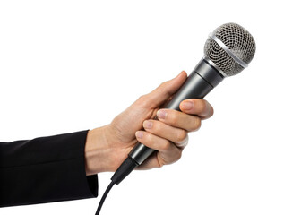  hand holding Microphone isolated on a transparent background.	