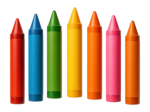 Seven large colorful crayons in red, blue, green, yellow, orange, pink, and orange arranged vertically on transparent background.
