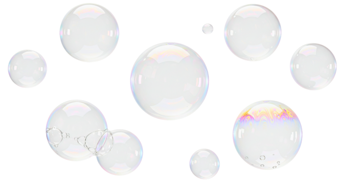 Delicate iridescent soap bubbles floating gently on a seamless bright white background for creative designs