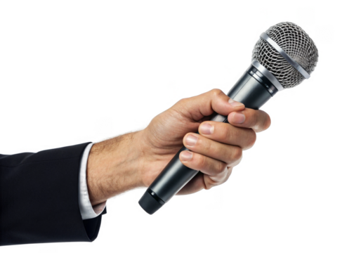  hand holding Microphone isolated on a transparent background.	
