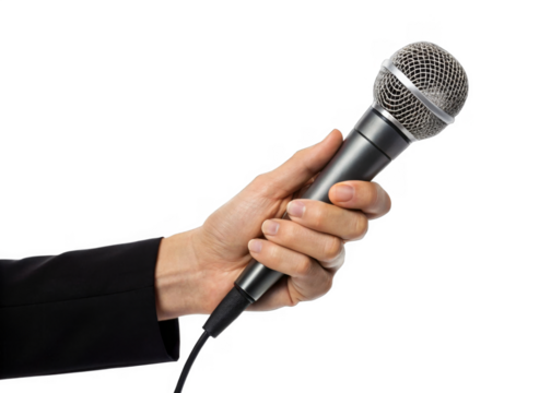  hand holding Microphone isolated on a transparent background.	