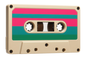 Vintage audio cassette with pink and green stripes, featuring visible tape reels and a beige plastic case on transparent background.