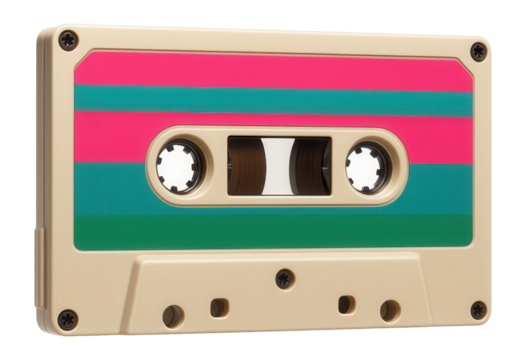 Vintage audio cassette with pink and green stripes, featuring visible tape reels and a beige plastic case on transparent background.