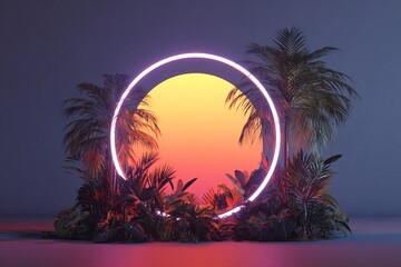 A retro sunset scene is framed by a neon circle and palm trees.
