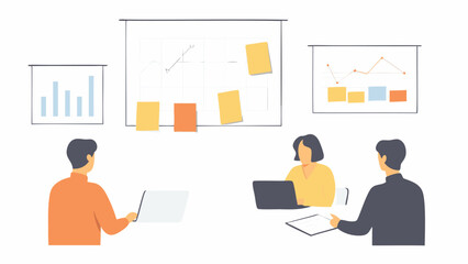 People discussing charts and graphs in a meeting with laptops and sticky notes in a collaborative space