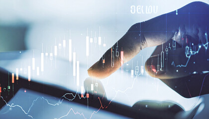 Investment Insight: A close-up shot captures a person's hand interacting with a tablet screen displaying real-time stock market data, symbolizing modern investment analysis.