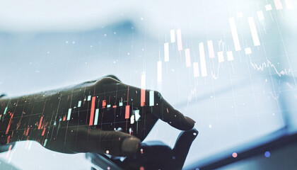 Financial Analysis: A close-up shot of a hand interacting with a tablet overlaid with a dynamic stock market graph, visualizing complex data and trends in the world of finance.