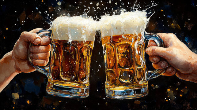 Two people clinking beer mugs with foam, background dark with splashes. Useful for advertising drinks and festive events.