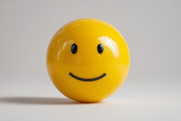 Fototapeta premium Bright yellow smiley face ball rests on a clean surface with a cheerful expression, symbolizing happiness and positivity